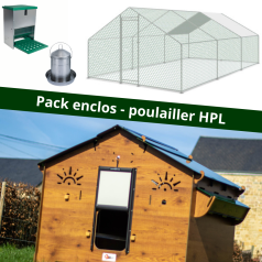 Pack famille ZEN poulailler HPL + enclos + abreuv + trémie + aliments pour 3 poules
