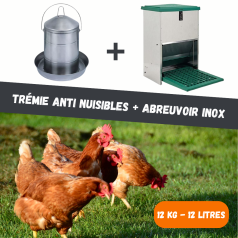 Pack Luxe du Roi trémie anti-nuisibles + abreuvoir inox pour poules
