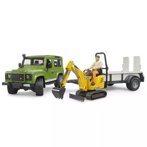 Land Rover Defender avec remorque, micro-pelleteuse JCB et figurine