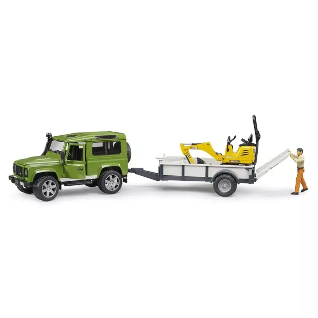 Land Rover Defender avec remorque, micro-pelleteuse JCB et figurine