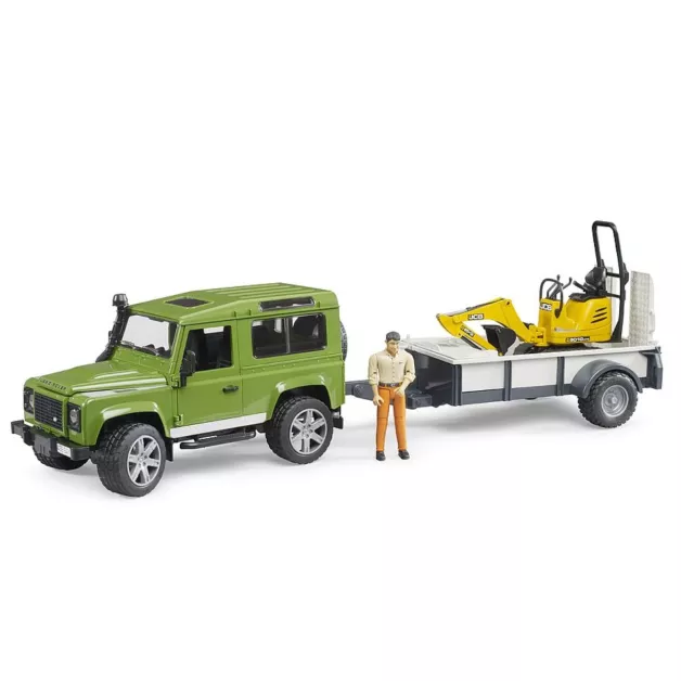 Land Rover Defender avec remorque, micro-pelleteuse JCB et figurine